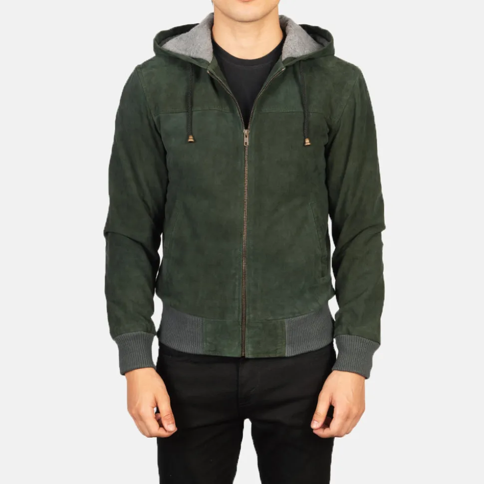 Nintenzo Green Hooded Suede Bomber Jacket