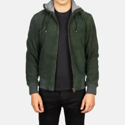 Nintenzo Green Hooded Suede Bomber Jacket