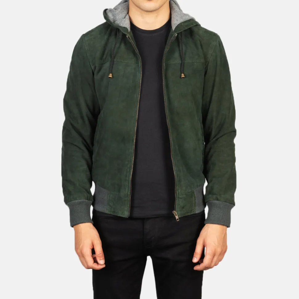 Nintenzo Green Hooded Suede Bomber Jacket