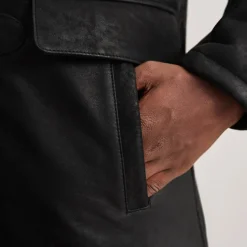 Nolan Distressed Black Leather Duffle Coat