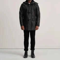 Nolan Distressed Black Leather Duffle Coat