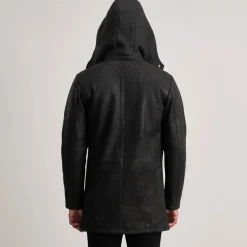 Nolan Distressed Black Leather Duffle Coat