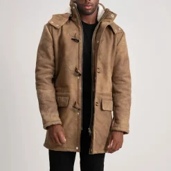 Nolan Distressed Brown Leather Duffle Coat
