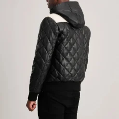 Norman Black Hooded Bomber Leather Puffer Jacket