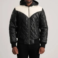 Norman Black Hooded Bomber Leather Puffer Jacket