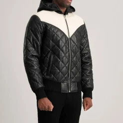 Norman Black Hooded Bomber Leather Puffer Jacket