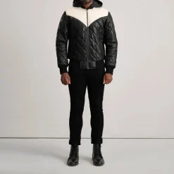 Norman Black Hooded Bomber Leather Puffer Jacket