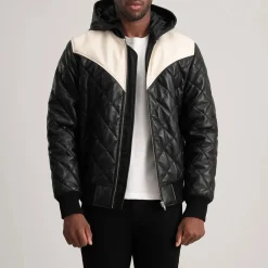 Norman Black Hooded Bomber Leather Puffer Jacket