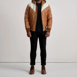Norman Tan Hooded Bomber Leather Puffer Jacket
