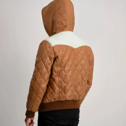 Norman Tan Hooded Bomber Leather Puffer Jacket