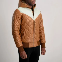 Norman Tan Hooded Bomber Leather Puffer Jacket
