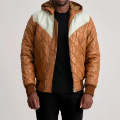 Norman Tan Hooded Bomber Leather Puffer Jacket