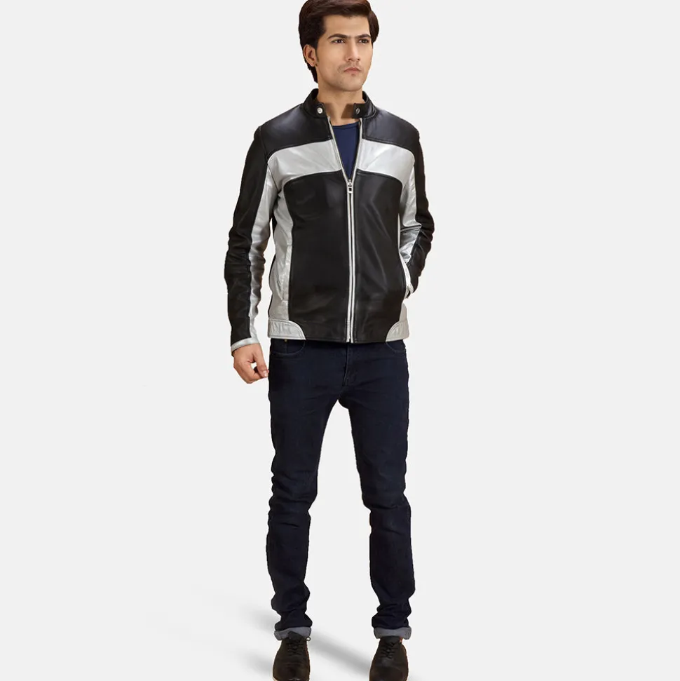 Randolf Silver Black Leather Biker Jacket
