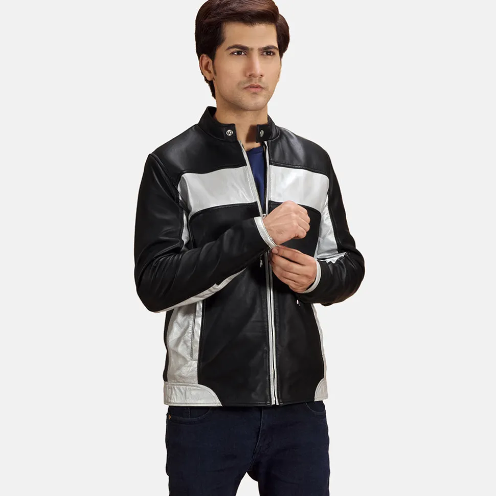 Randolf Silver Black Leather Biker Jacket