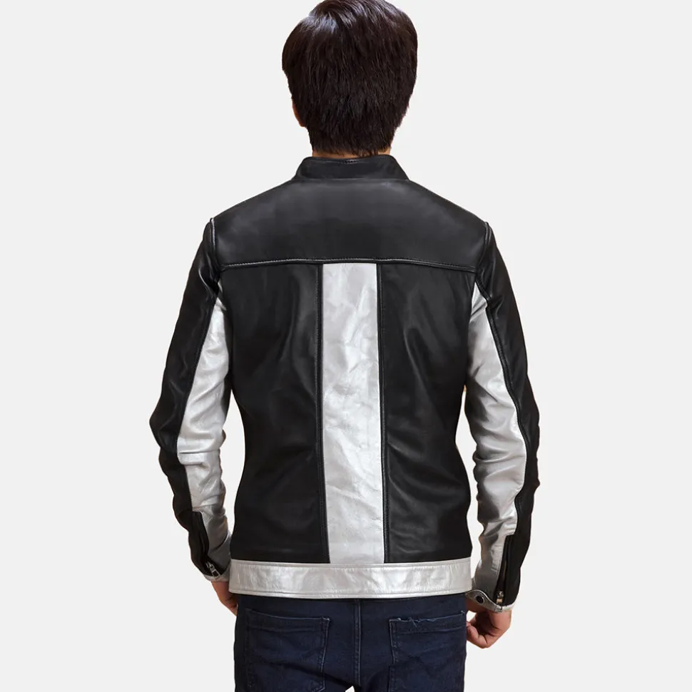 Randolf Silver Black Leather Biker Jacket