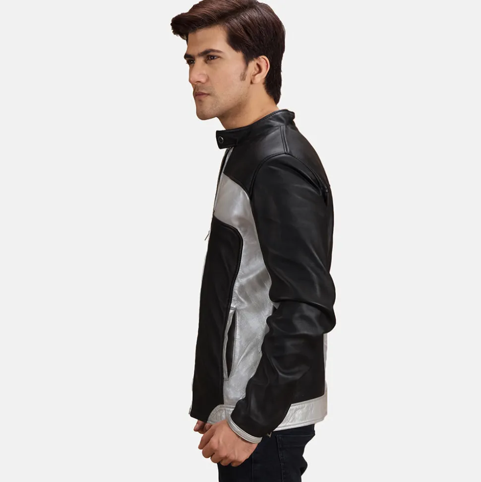Randolf Silver Black Leather Biker Jacket