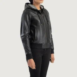 Rebella Black Hooded Leather Bomber Jacket