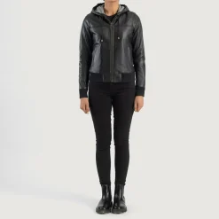 Rebella Black Hooded Leather Bomber Jacket