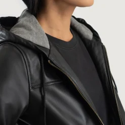 Rebella Black Hooded Leather Bomber Jacket