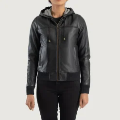 Rebella Black Hooded Leather Bomber Jacket