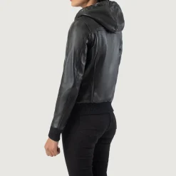 Rebella Black Hooded Leather Bomber Jacket