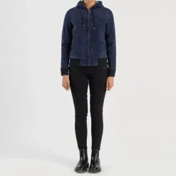 Rebella Blue Hooded Suede Bomber Jacket