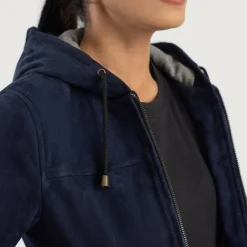 Rebella Blue Hooded Suede Bomber Jacket