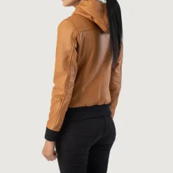 Rebella Brown Hooded Leather Bomber Jacket