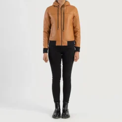 Rebella Brown Hooded Leather Bomber Jacket