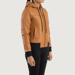 Rebella Brown Hooded Leather Bomber Jacket