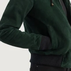 Rebella Green Hooded Suede Bomber Jacket