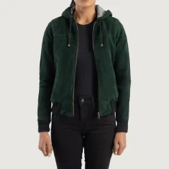Rebella Green Hooded Suede Bomber Jacket