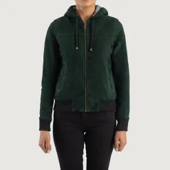 Rebella Green Hooded Suede Bomber Jacket