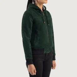 Rebella Green Hooded Suede Bomber Jacket