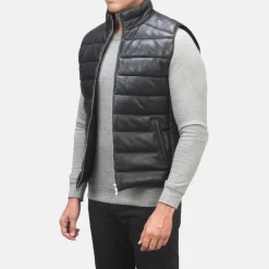 Reeves Black Leather Puffer Vest