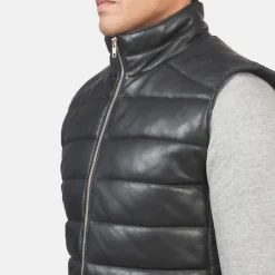 Reeves Black Leather Puffer Vest