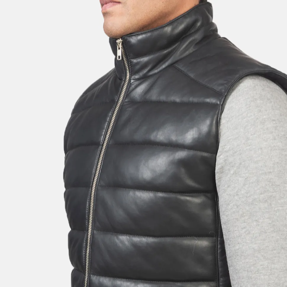 Reeves Black Leather Puffer Vest