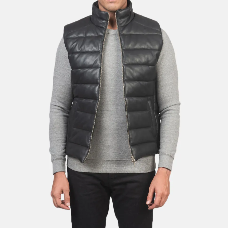 Reeves Black Leather Puffer Vest