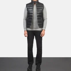 Reeves Black Leather Puffer Vest
