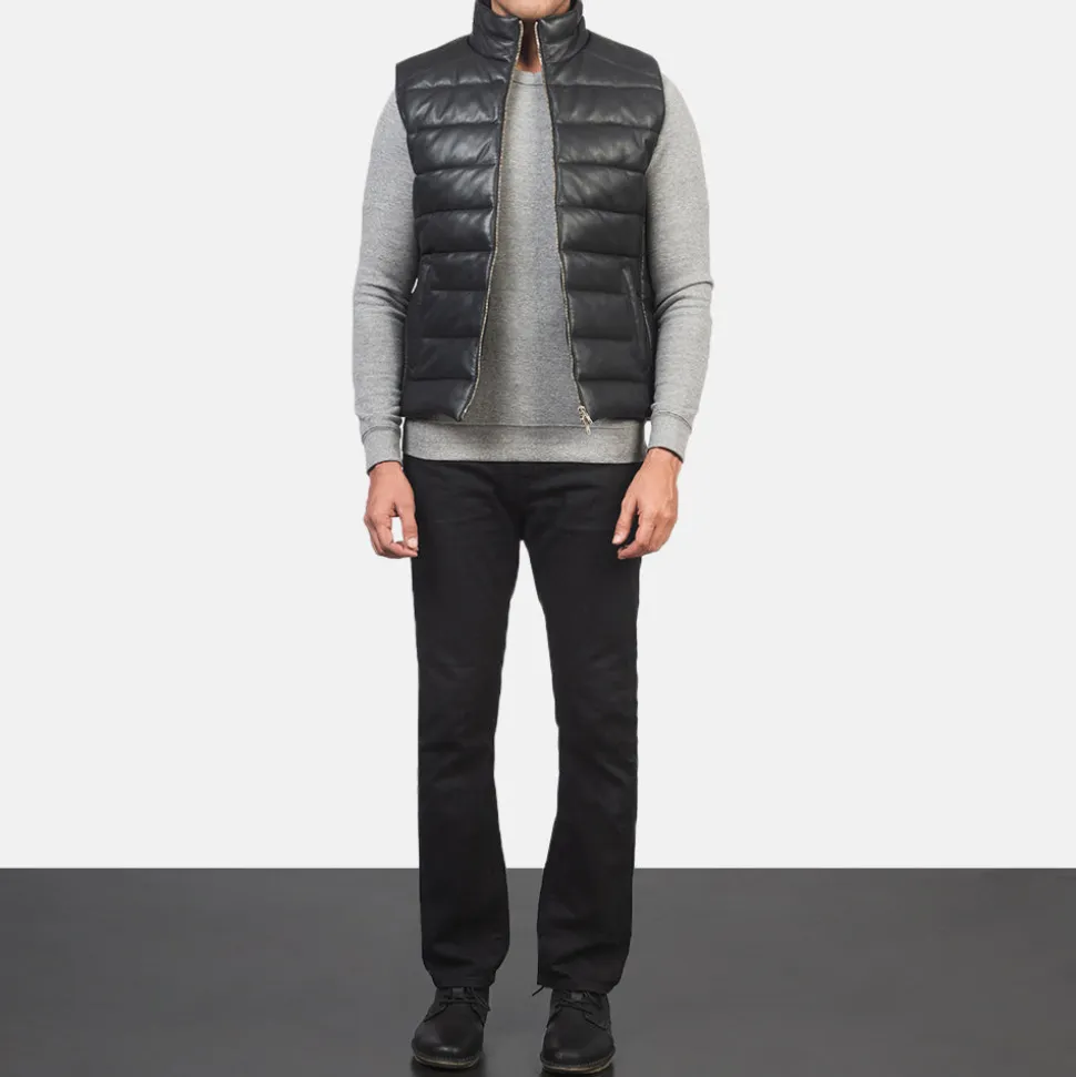 Reeves Black Leather Puffer Vest