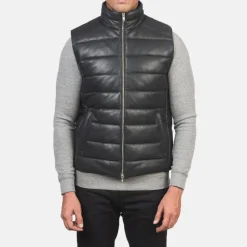 Reeves Black Leather Puffer Vest