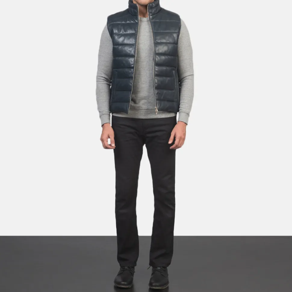 Reeves Blue Leather Puffer Vest