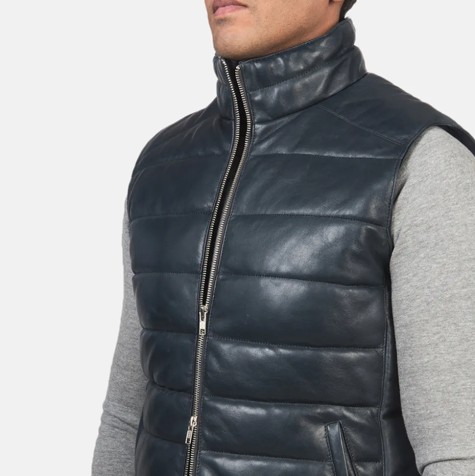 Reeves Blue Leather Puffer Vest