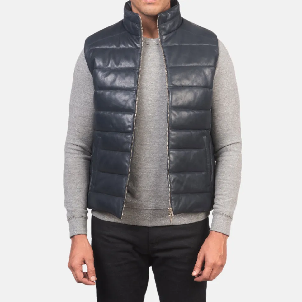 Reeves Blue Leather Puffer Vest
