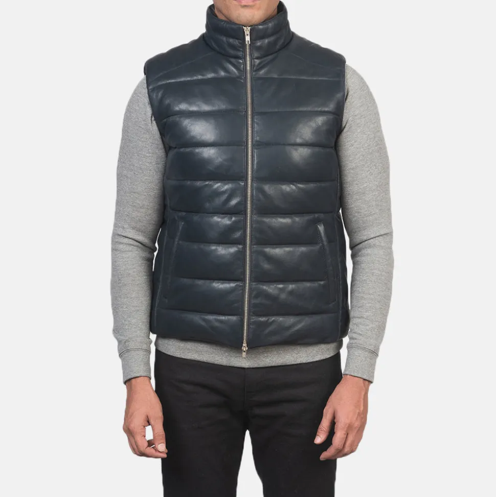 Reeves Blue Leather Puffer Vest