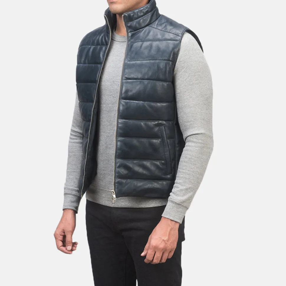 Reeves Blue Leather Puffer Vest