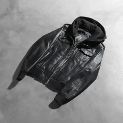 Roslyn Black Hooded Leather Bomber Jacket