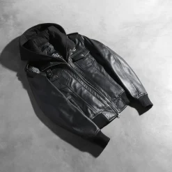 Roslyn Black Hooded Leather Bomber Jacket
