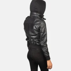 Roslyn Black Hooded Leather Bomber Jacket