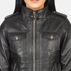 Roslyn Black Hooded Leather Bomber Jacket